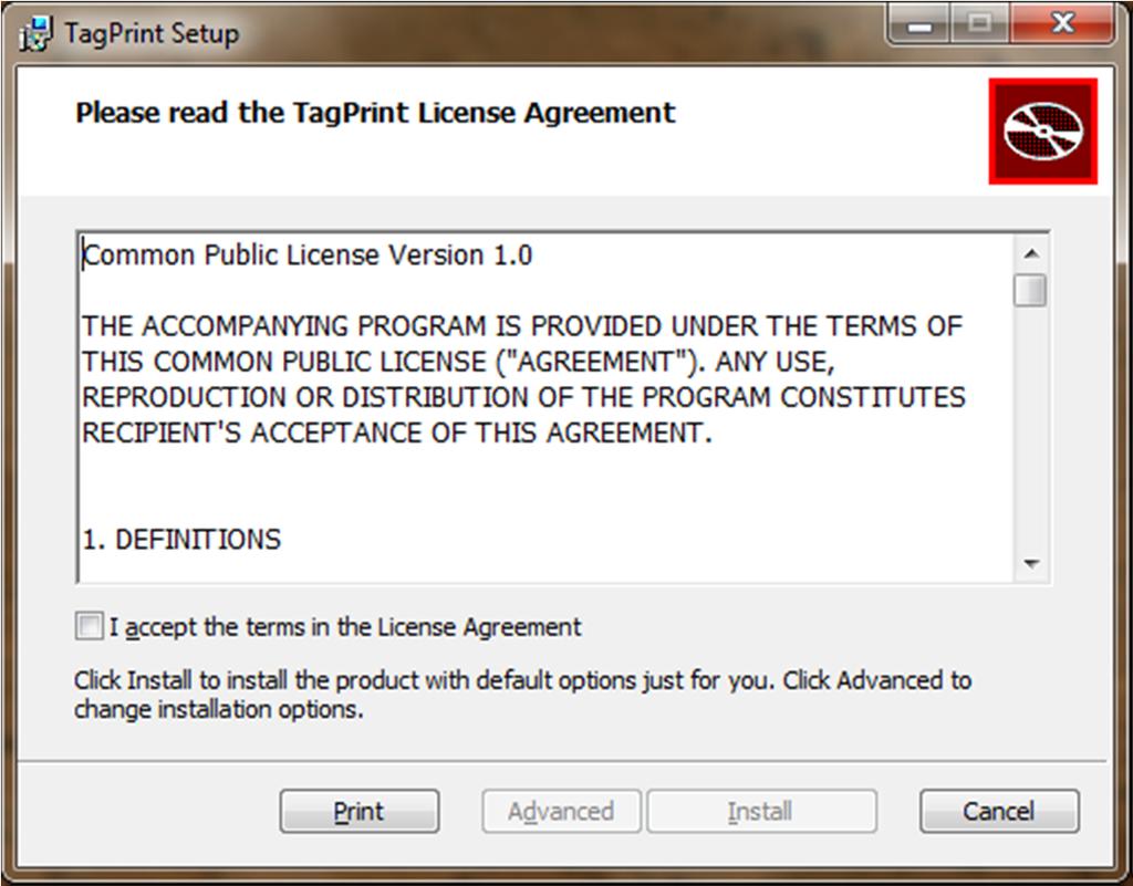 Tagprint Pro 3.0 Installation Process INSERT DISK INTO CD ROM DRIVE AND THE PROGRAM WILL AUTOMATICALLY BRING UP THE LICENSE AGREEMENT.