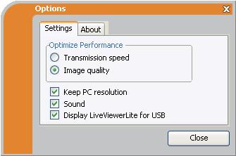 USB Display(Windows computer) (continued) Options window Presentation tools Optimize Performance Transmission speed