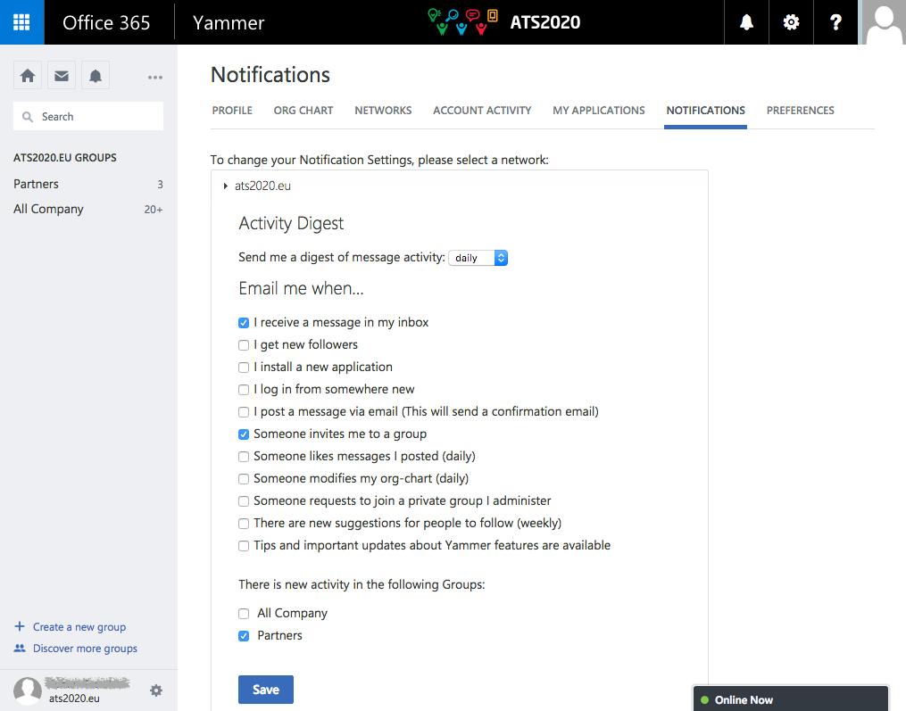 Notifications Click Notifications Select a network, e.g. ats2020.eu Select digest of message activity Yammer users can receive numerous email notifications.