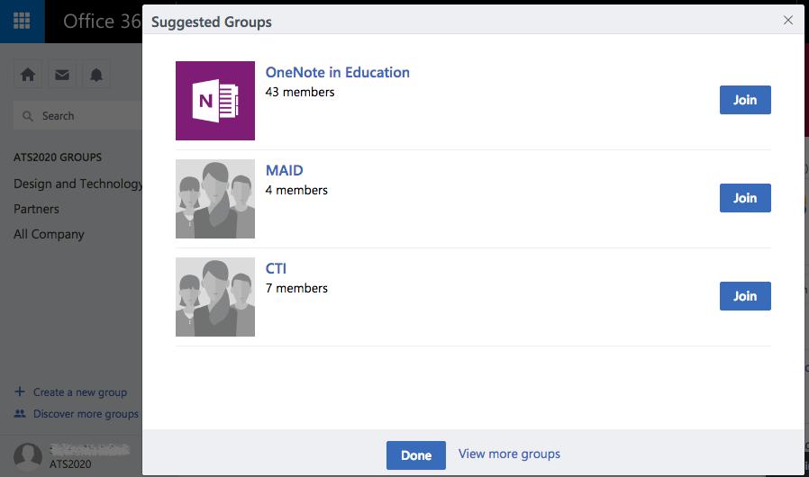 Search for existing groups In the navigation pane, click ATS2020 Groups or Discover more groups to see some Suggested Groups, based on your profile.