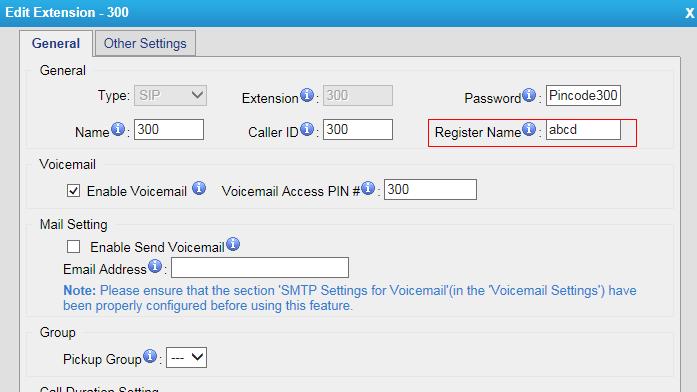 Path: PBX Extensions FXS/VoIP Extensions The "Register Name" option is for extension authorization, which will enhance the extension registry security.