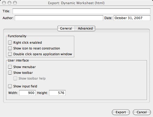 Figure 6: Advanced Export window The next option, if checked, creates an icon on your web-page. This icon, when clicked, will reset the construction.