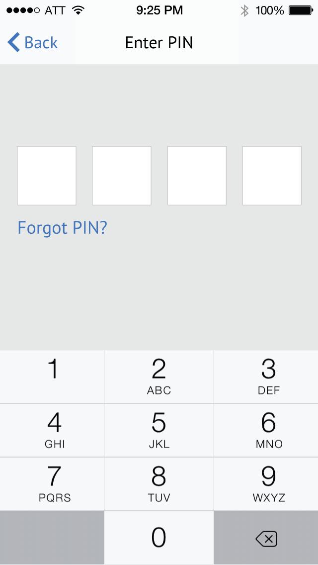 Login - Enter PIN After all four digits have been entered and the pin is correct, the user is automatically advanced to the Dashboard If four digits have been entered and the pin is not correct, show
