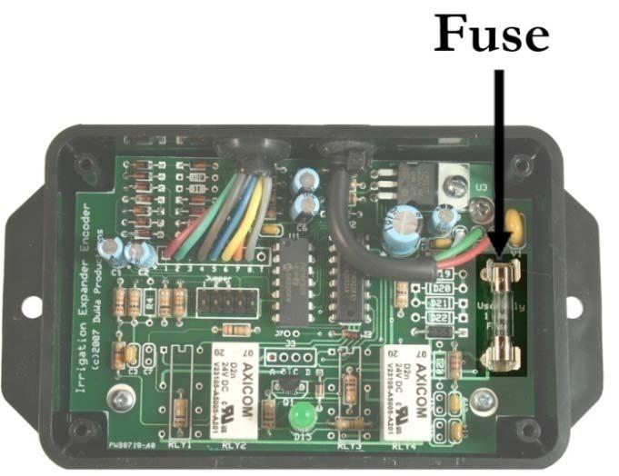 Replacing the Encoder Fuse The Irrigander 8/2 Pro expander Encoder is equipped with a protection fuse that will open in case of overload in one of the valve circuits. To replace the fuse: 1.
