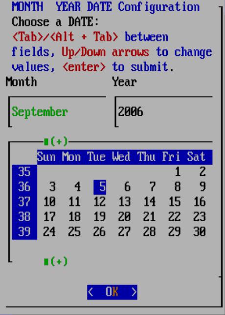 Press Tab, and use the up and down arrows to change the month. Press Tab, and use the up and down arrows to change the year.