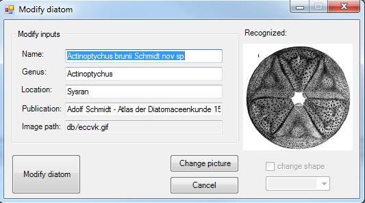 shape are shown) Add/modify form Load/change image load image, which you want to recognize and save to database file Add/modify diatom save all information from form to database