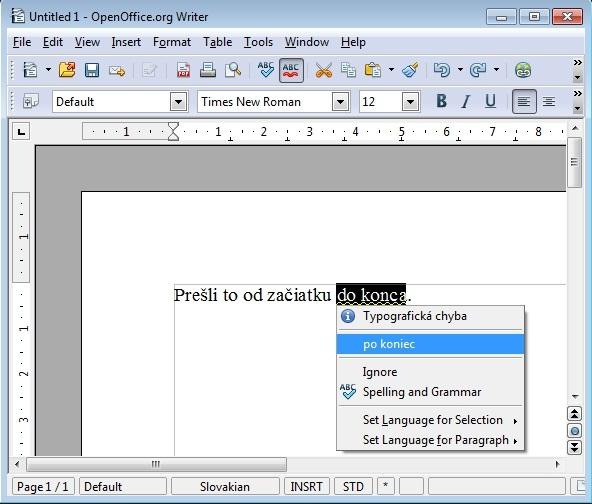 Obrázok 3.5: Dialógové okno v OpenOffice zobrazené po kliknutí pravým tlačidlom na chybnú časť textu.