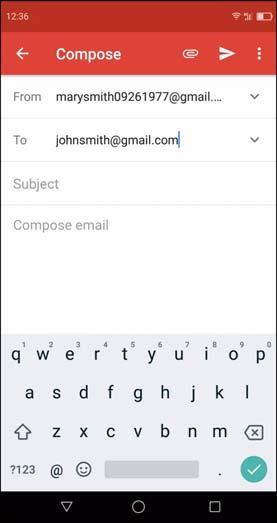 Chapter 5: Email & Messaging 5.5 Using Email Compose and Send Emails 1. From the Home screen, tap Google > Gmail. 2. Tap. 3. In the To field, enter the recipient s email address.
