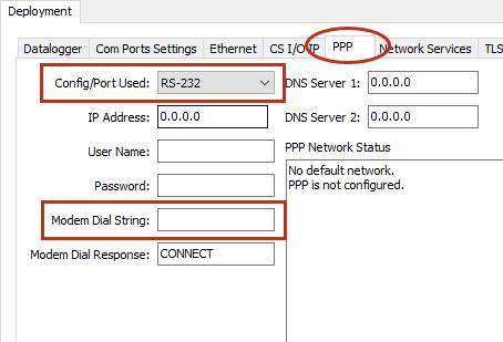 On the PPP tab select the Config/Port Used where the modem is connected. This is the same as was selected on the Com Ports Settings tab. Leave the Modem Dial String blank.