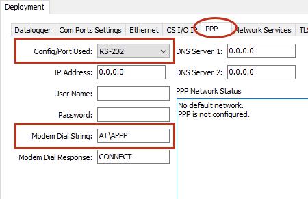 On the PPP tab select the Config/Port Used where the modem is connected. This is the same as was selected on the Com Ports Settings tab. Set Modem Dial String to AT\APPP.