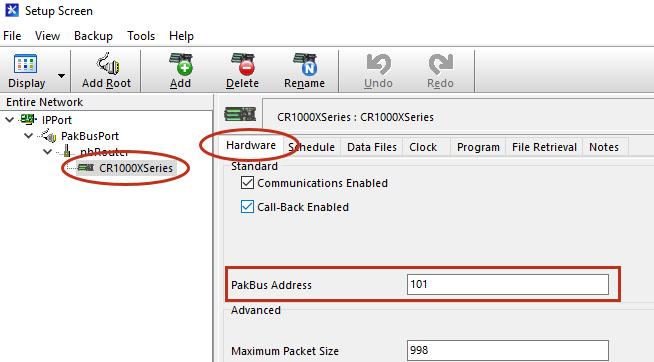 On the data logger Hardware tab, enter the PakBus Address chosen during
