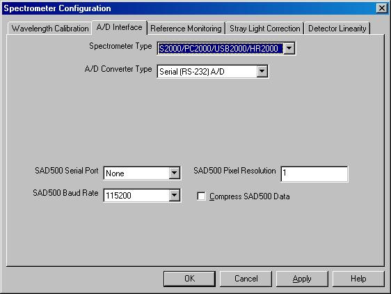 Spectrometer Menu Functions The Wavelength Calibration tab contains the following options: Option Spectrometer Channel Spectrometer Serial Number Channel Enabled First Coefficient Second Coefficient