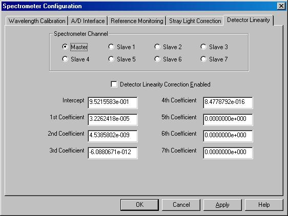 Spectrometer Menu Functions When using a USB2000 or HR2000 Spectrometer, the software automatically populates the values in the Detector Linearity tab from the information on the spectrometer EEPROM