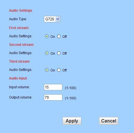 6.2.3 Audio Setting 1) Audio settings : Frist stream: Audio type G.726 and G.