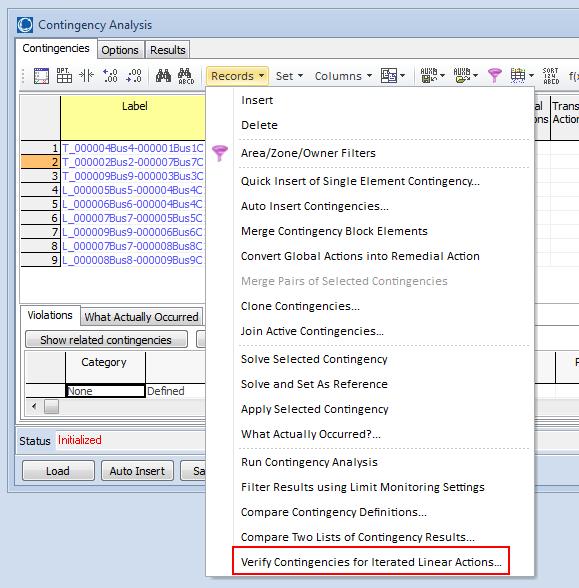 Handling RAS in Linearized Contingency Analysis (and ATC) Under Records on the list of Contingencies, you can choose Verify Contingencies for
