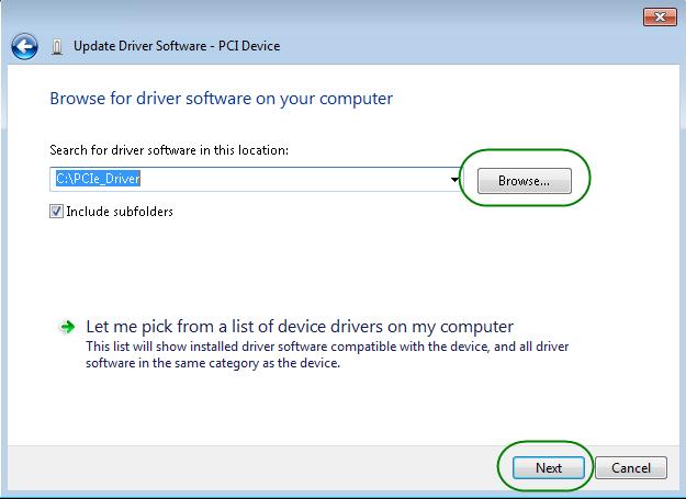 In the Browse for driver software on your computer dialog, click the Browse button to specify the folder