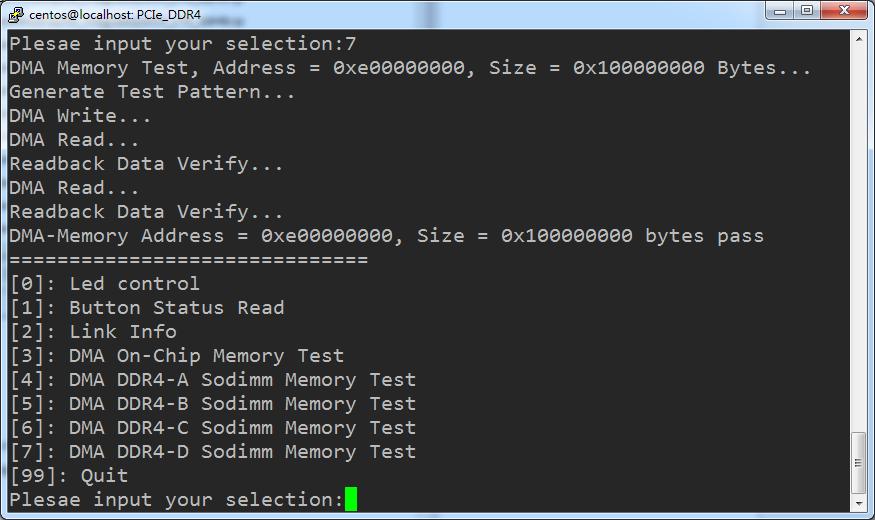 Figure 8-16 Screenshot of DDR4-D SOSIMM Memory DAM Test Result 16. Type 99 followed by the ENTER key to exit this test program. Development Tools Quartus Prime 18.