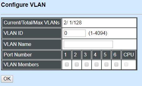 NOTE: When CPU VLAN is changed, the port VLAN ID of all member ports in the new CPU VLAN will be changed into CPU's VID. Current/Total/Max VLANs: View-only field.
