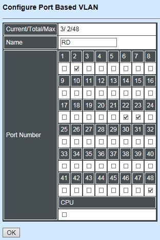 5. Add Port 2, 22, 23 and 48 in a group and name it to RD. Switch Management>VLAN Configuration>Port Based VLAN>Configure VLAN Click OK to apply the settings. 6. Check Port-Based VLAN settings.