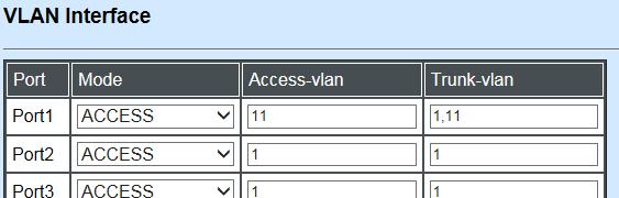 5. Change Port 1 s Access VLAN to 11, and set Port 48 to trunk mode. Switch Management>VLAN Configuration>IEEE 802.