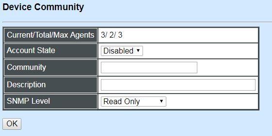 Click Delete to remove a registered community. Current/Total/Max Agents: View-only field. Current: This shows the number of current registered community.