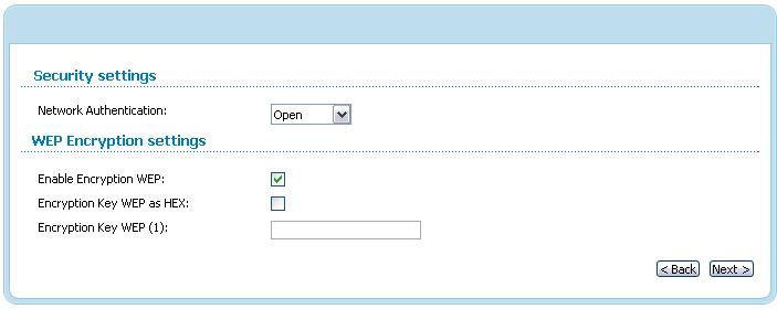 When the Open value is selected, the WEP Encryption settings section is displayed: Figure 44. The Open value is selected from the Network Authentication drop-down list.