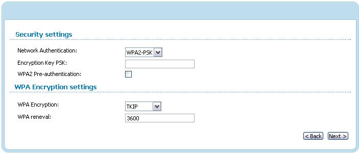 When the WPA-PSK or WPA2-PSK value is selected, the WPA Encryption settings section is displayed: Figure 45. The WPA2-PSK value is selected from the Network Authentication drop-down list.