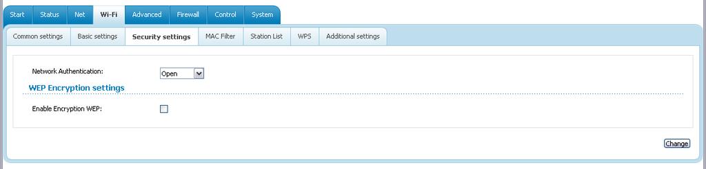 Security Settings On the Wi-Fi / Security settings page, you can modify security settings of the WLAN. Figure 64. The default security settings.