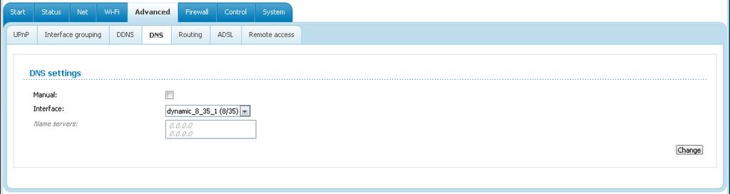 DNS On the Advanced / DNS page, you can add DNS servers to the system. Figure 77. The Advanced / DNS page.