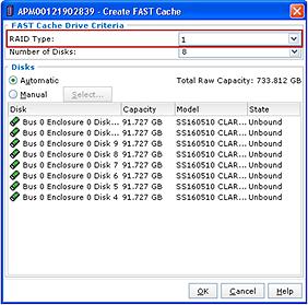 a. Click Create to open the Create FAST Cache dialog box, as shown in Figure 9. Figure 9. Creating FAST Cache dialog box b. Select the required number of disks to be used for FAST Cache.
