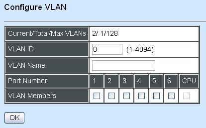 Current/Total/Max VLANs: View-only field. Current: This shows the number of currently registered VLAN. Total: This shows the number of total registered VLANs.