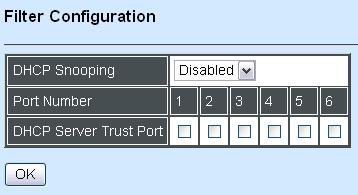 3.4.10 Filter Configuration Click the option Filter Configuration from the Switch Management menu and then the following screen page appears. DHCP Snooping: Enable or disable DHCP Snooping function.