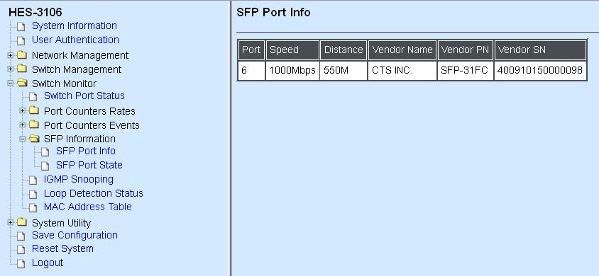 3.5.4 SFP Information Click SFP Information folder from the left column and then two options appear.