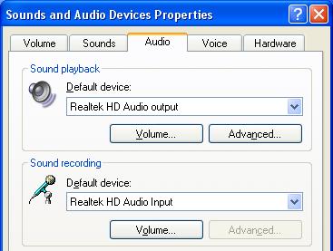 When using Windows XP 1 [Start] - [Control Panel]. "Sounds, Speech, and Audio Devices". "Sounds and Audio Devices". The "Sounds and Audio Devices Properties" screen appears.