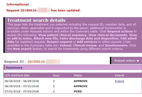 which will bring up the Treatment Search Details page lick Request