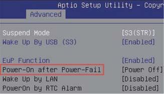 Power on after Power fail The BIOS setup provides a "Power-On after Power Fail" function that can be found under "Power Management Configuration" where the