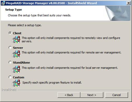 8. Select one of the Setup options. The options are fully explained in the screen text. Normally, you would select Complete if you are installing MegaRAID Storage Manager software on a server.