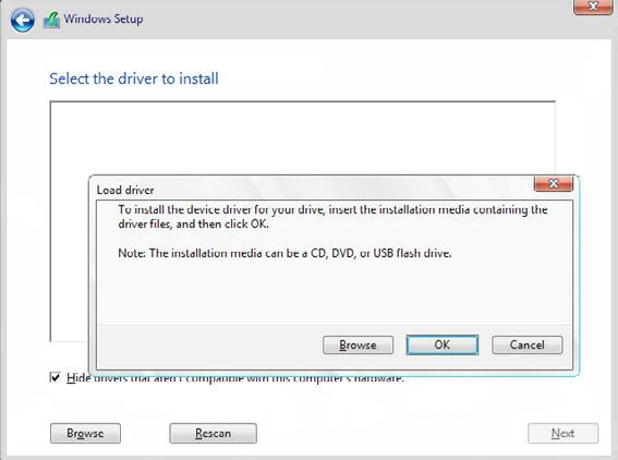 5. Remove the installation DVD on the disc drive and replace it with the bundled support DVD that contains the RAID driver. 6. Click Browse and locate the driver on the support DVD. 7.