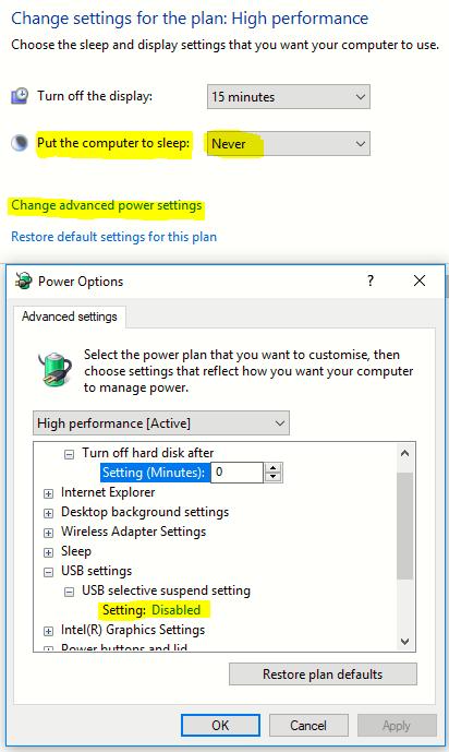 Check Windows Control Panel for any further Power options 1) Disable USB Selective Suspend "Control Panel / Power Options / Change Plan Settings (Note: We recommend that you change the option for Put