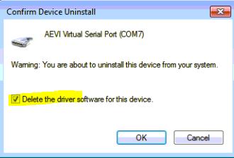 msc to open Windows Device Manager 3) Expand the Ports section 4) Right click on AEVI Virtual Serial Port and select Uninstall 5) Tick the Delete the driver software for this device and press OK