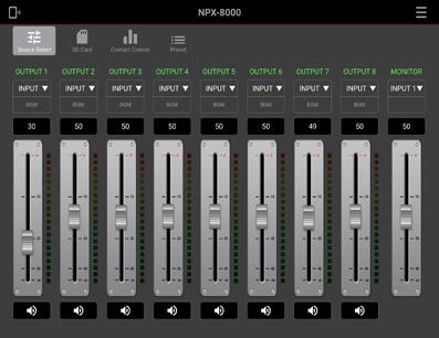 ➌ MUTE Switches to the screen to adjust the volume, EQ, etc. of the input audio. ➍ MONITOR Monitors the audio of the selected channel with the MONITOR jack of the NPX-8000.