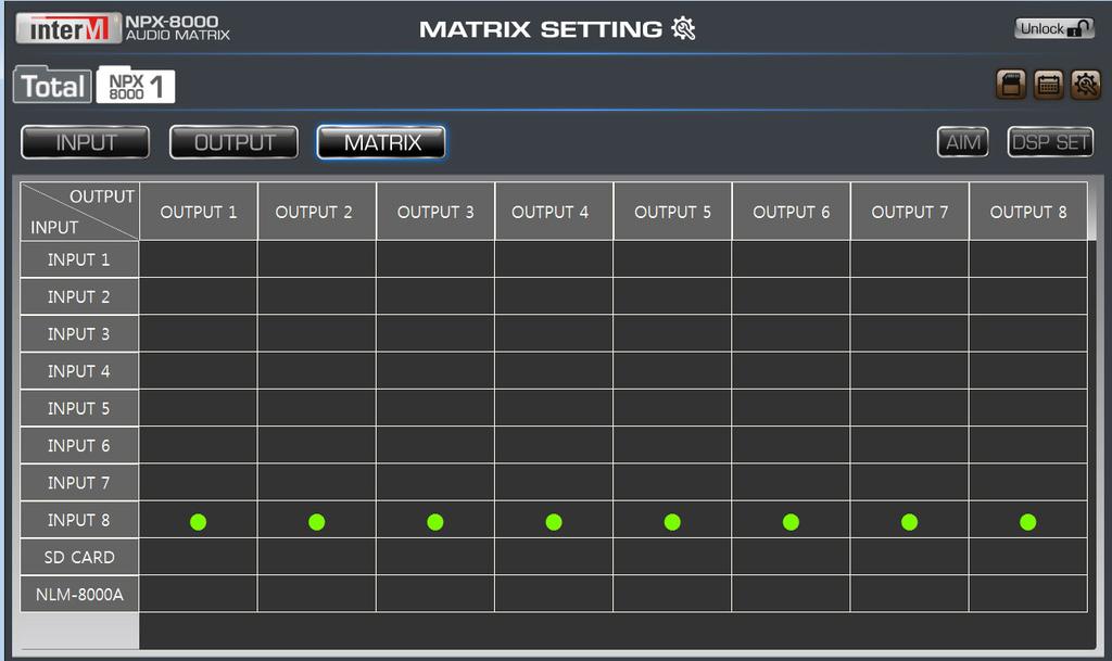 MP-8000 GUI Manual Matrix Setting ➊ Output Channel Displays 8 output channels from 1 to 8.