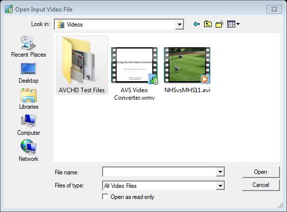 Step 1 Select the Input File Name (or group of files) to be converted The dialog box shown below is used to navigate to the correct location of the videos to