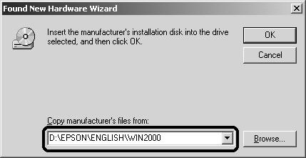 When the Add New Hardware Wizard (for Windows 98) or the Found New Hardware Wizard (for Windows 2000) appears, insert the scanner software CD- ROM in the CD-ROM drive, then click Next. 4.