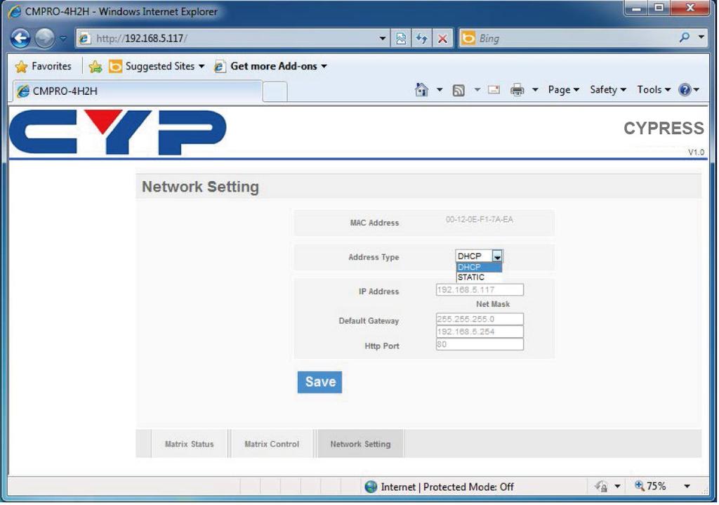 Clicking on the 'Setting' tab allows you to reset the IP configuration.
