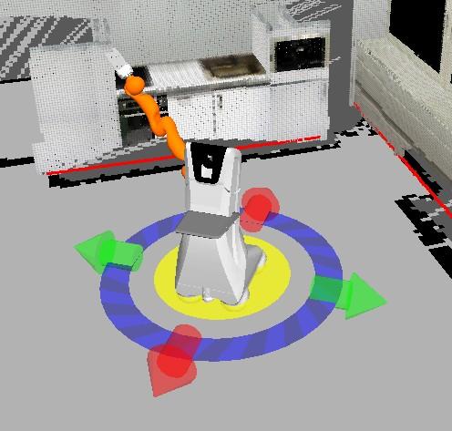 Figure 11: Driving the robot using the in-scene teleop. Driving forward and backward is done using red arrows. Strafe to the left and to the right is done using green arrows.