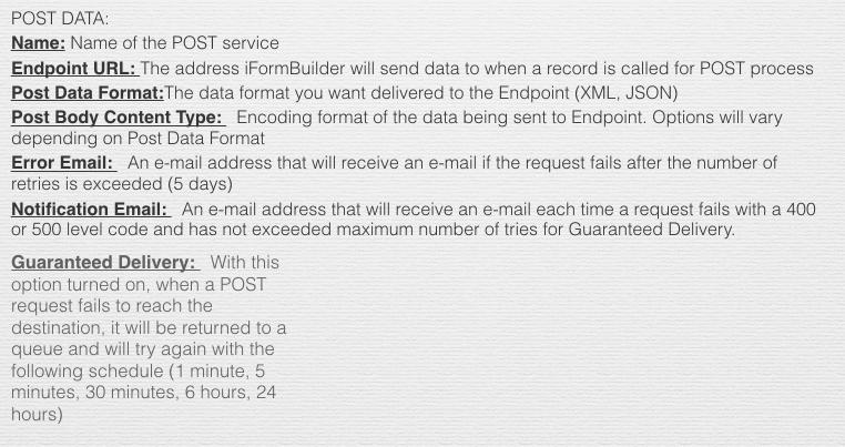 POST Data URL Details Forms POST DATA: Name: Name of the POST service Endpoint URL: Post Data Format: Post Body