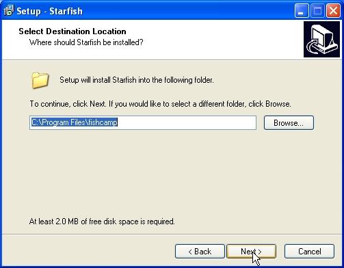 After clicking the Next button from the previous dialog, you will be presented with a location to install the software.