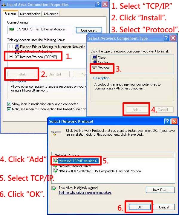 3.4 TCP/IP Installation On the General tab of Connection Properties, under This connection uses the following items, click Internet Protocol (TCP/IP). Then click Install.