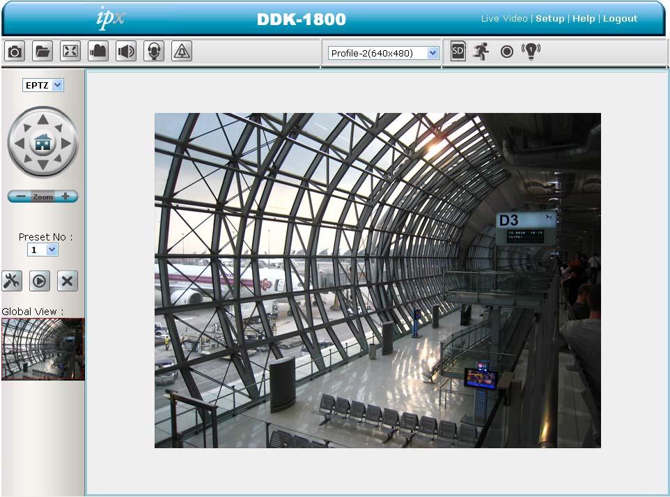 ActiveX viewer: Select from the thumbnail options for taking snapshots, setting-up a Storage Folder, selecting Full Screen mode, Recording, Listening, Talking and Zooming.